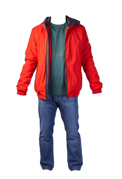 Jaqueta Vermelha Com Zíper Suéter Turquesa Jeans Azul Isolado Fundo — Fotografia de Stock