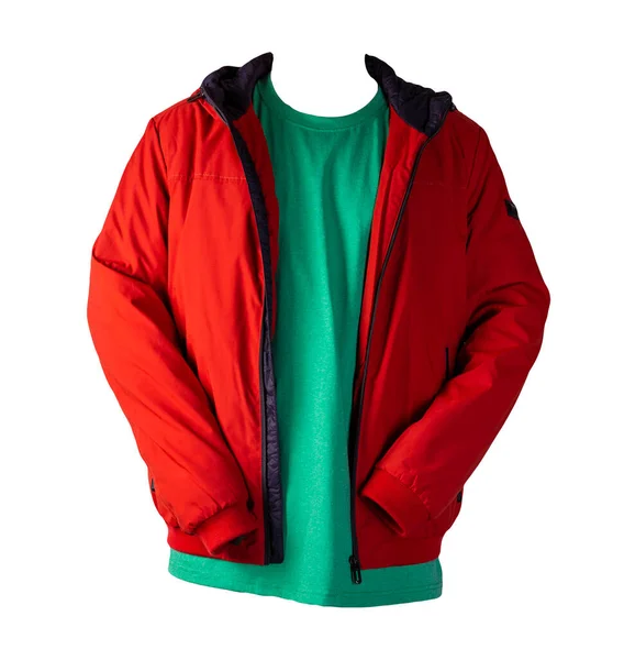 red zipped jacket and retro heather green t-shirt isolated on a white background. Casual style