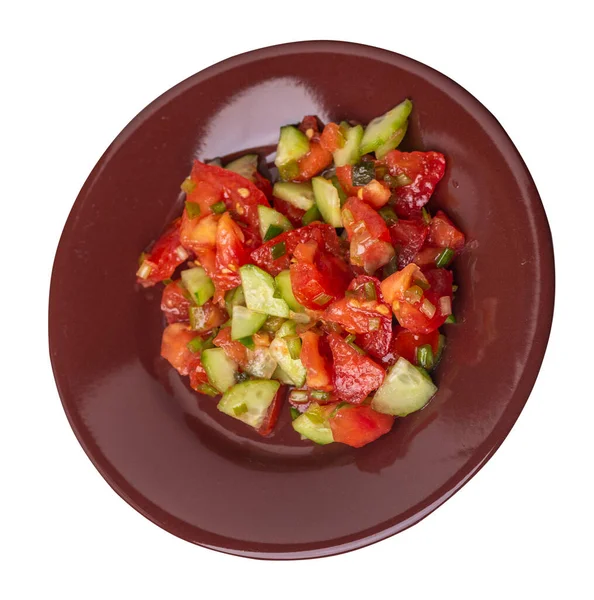 Vegetarische Salade Met Komkommers Tomaten Groene Uien Veganistische Salade Bruine — Stockfoto