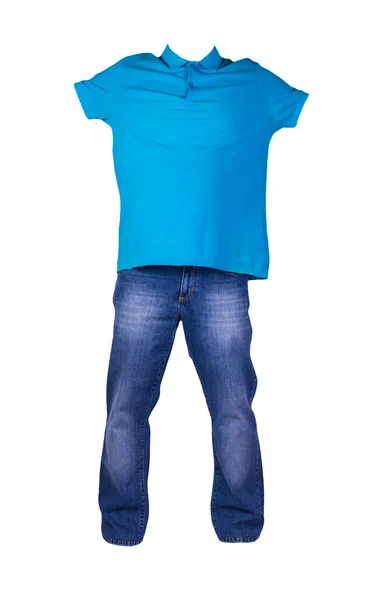 men\'s blue t-shirt with button-down collars and blue jeans isolated on white background.casual clothing