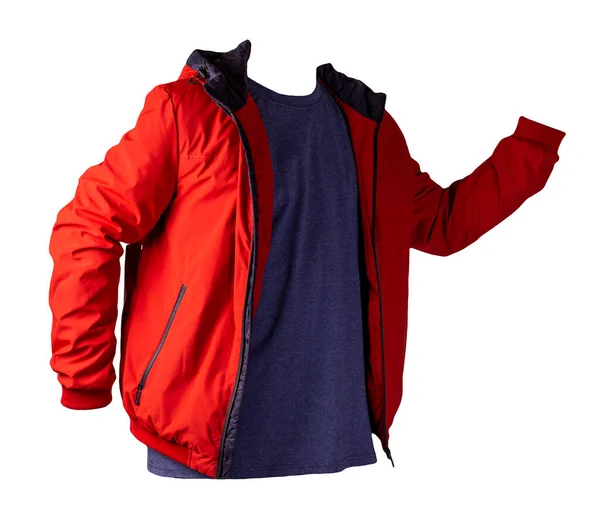 Rote Jacke Mit Reißverschluss Und Dunkelblaues Shirt Auf Weißem Hintergrund — Stockfoto
