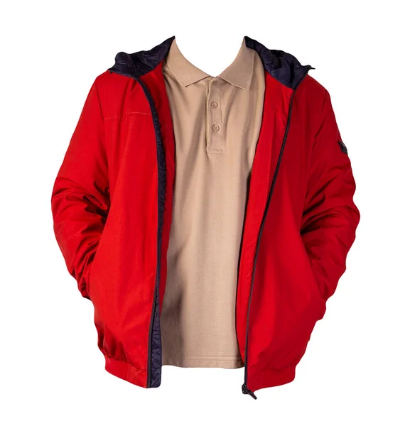 男性用ライトブラウンのTシャツと白地に隔離されたハッキージャケットのジッパー カジュアル服 — ストック写真
