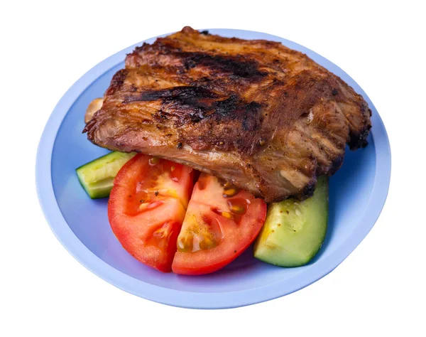Grilled Pork Ribs Sliced Cucumbers Tomatoes Light Blue Plate Pork — Stock Photo, Image
