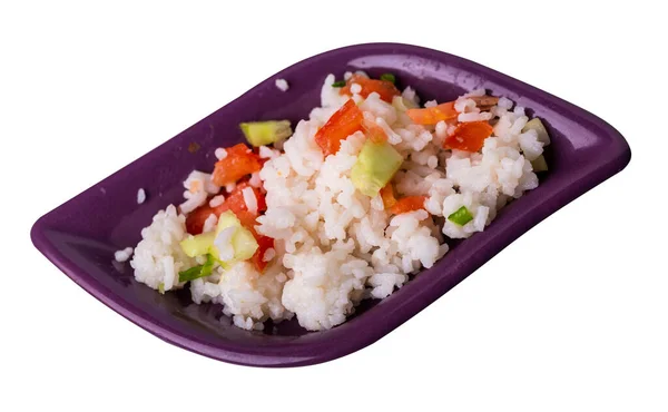 Arroz Con Verduras Sobre Plato Marrón Rojo Aislado Sobre Fondo — Foto de Stock