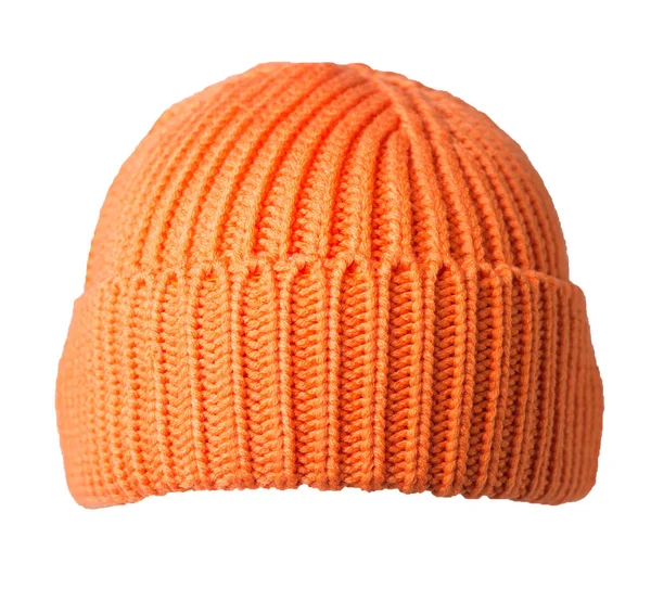 白い背景に隔離されたオレンジ色の帽子を編んだ ファッショナブルなラッパーの帽子 帽子の漁師 — ストック写真