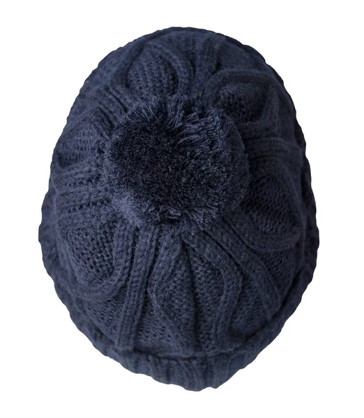 Stickad Mörkblå Hatt Isolerad Vit Bakgrund Hatt Med Pompon Ovanifrån — Stockfoto