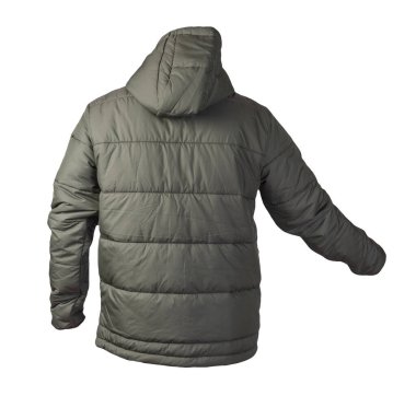 Beyaz arka planda izole edilmiş kapüşonlu koyu yeşil ceketli adamlar. Rüzgarlık ceketi. Sıradan stil