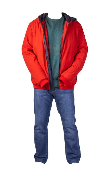 Rote Jacke Mit Reißverschluss Türkisfarbener Pullover Und Blaue Jeans Auf — Stockfoto