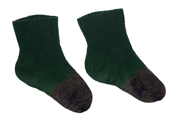 Vlněná Tmavě Zelená Šedá Ponožky Izolované Bílém Pozadí Zimní Příslušenství — Stock fotografie