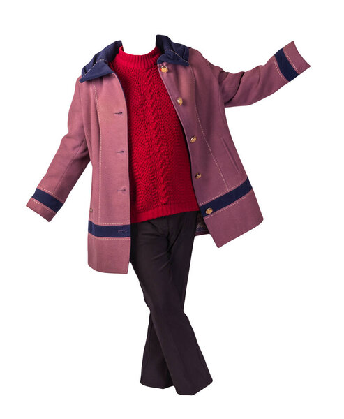 women's black pants, autumn pink dark blue coat and knitted red sweater isolated on a white background. fashionable casual wear