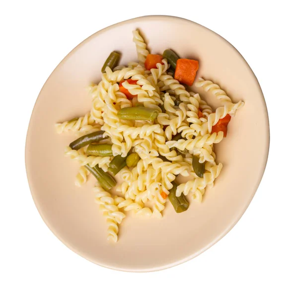 Pasta Met Groene Bonen Met Knoflook Wortelen Lichtbruine Plaat Geïsoleerd — Stockfoto