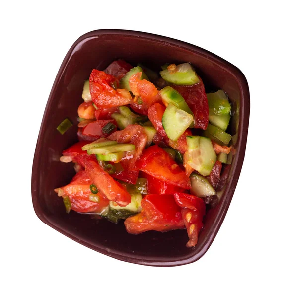 Vegetarian Salad Cucumbers Tomatoes Green Onions Vegan Salad Brown Plate — Stock Photo, Image