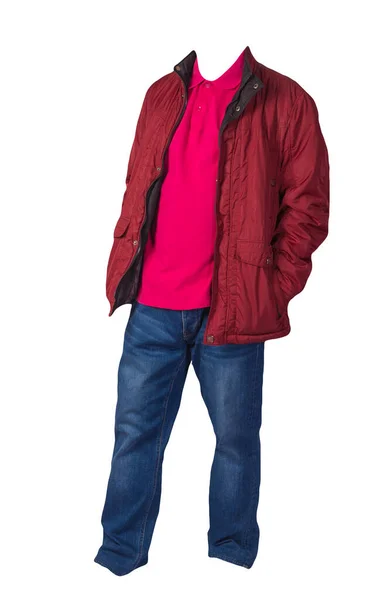 Rote Jacke Hochrotes Hemd Und Blaue Jeans Auf Weißem Hintergrund — Stockfoto