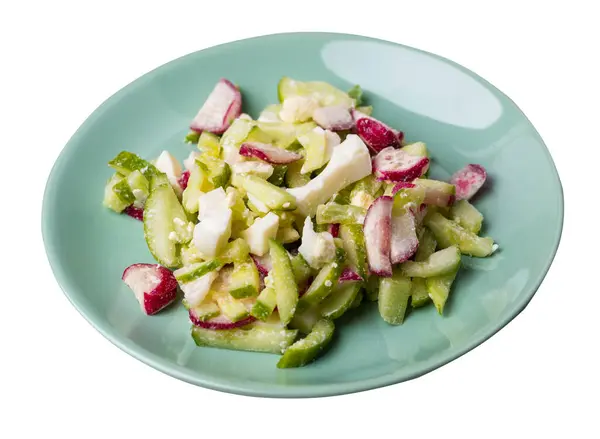 Saláta Uborkával Tojás Világoszöld Tányéron Izolált Fehér Háttér Egészséges Étel — Stock Fotó