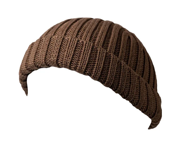 Dockerは白い背景に隔離された茶色の帽子を編んだ ファッショナブルなラッパーの帽子 帽子の漁師 — ストック写真