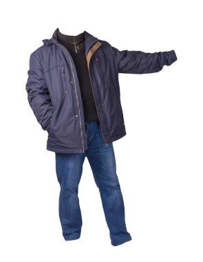 Fermuarlı mavi ceket, siyah kazak ve beyaz arka planda izole edilmiş kot pantolon. Sıradan moda kıyafetleri.