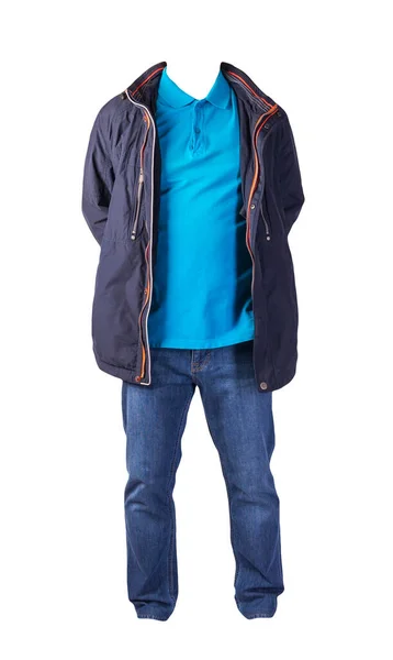 Giacca Blu Scuro Con Cerniera Camicia Blu Jeans Blu Isolati — Foto Stock