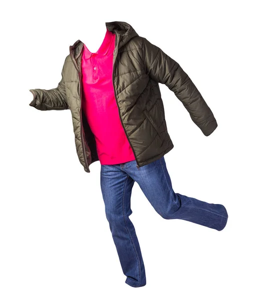 Giacca Verde Scuro Con Cerniera Camicia Rossa Jeans Blu Isolati — Foto Stock