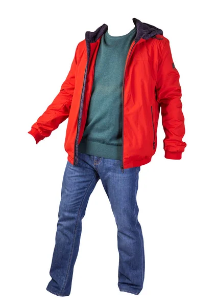 Червона Куртка Блискавкою Бірюзовий Светр Сині Джинси Ізольовані Білому Тлі — стокове фото