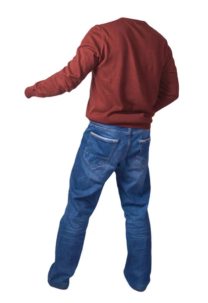 Men Dark Red Sweater Blue Jeans Isolated White Background Casual — Stock Photo, Image