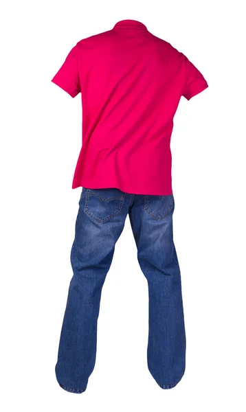 Ανδρικό Κόκκινο Shirt Γιακά Κουμπιά Και Μπλε Τζιν Που Απομονώνονται — Φωτογραφία Αρχείου