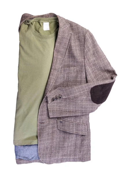 褐色夹克 钮扣和橄榄绿T恤隔离在白色背景顶部视图 随意的风格 — 图库照片