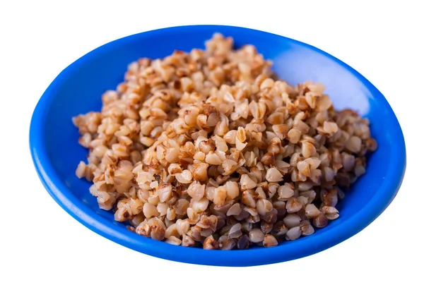 Buckwheat Blue Plate Isolated White Background Buckwheat Top Side View — Stock Photo, Image