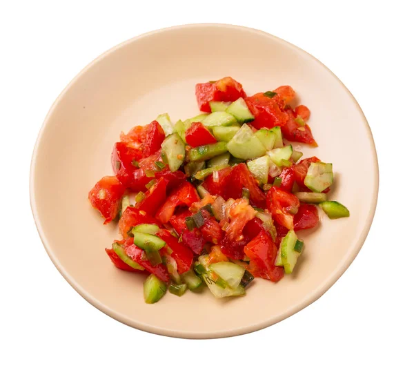 Ensalada Vegetariana Con Pepinos Tomates Cebollas Verdes Ensalada Vegana Plato —  Fotos de Stock