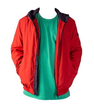 Beyaz arka planda kırmızı fermuarlı ceket ve retro Heather yeşil tişört. Sıradan stil