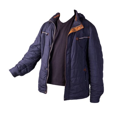 Koyu mavi fermuarlı ceket ve siyah tişört beyaz arka planda izole edilmiş. Sıradan stil