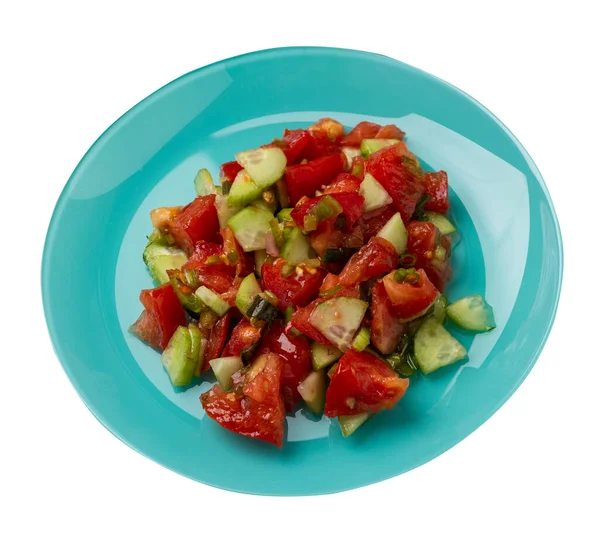 Vegetarische Salade Met Komkommers Tomaten Groene Uien Veganistische Salade Turpuoise — Stockfoto