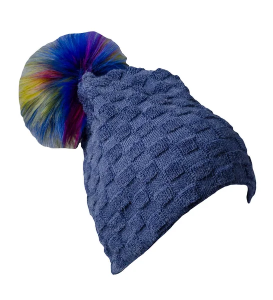 Cappello Blu Lavorato Maglia Isolato Sfondo Bianco Hat Con Pompon — Foto Stock