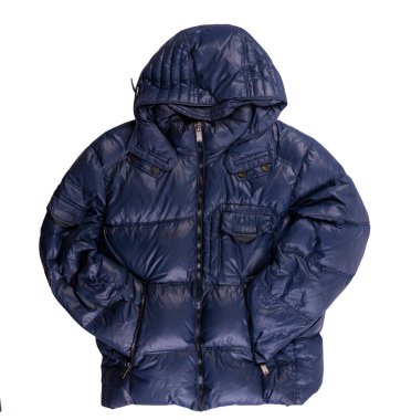 Koyu mavi ceketli erkekler beyaz arka planda izole edilmiş bir başlık giyiyorlar. Rüzgarlık ceketli üst manzara. Sıradan stil