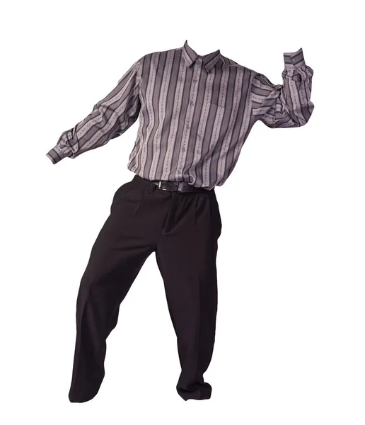 Pánská Šedá Pruhovaná Košile Černé Kalhoty Izolované Bílém Pozadí Módní — Stock fotografie