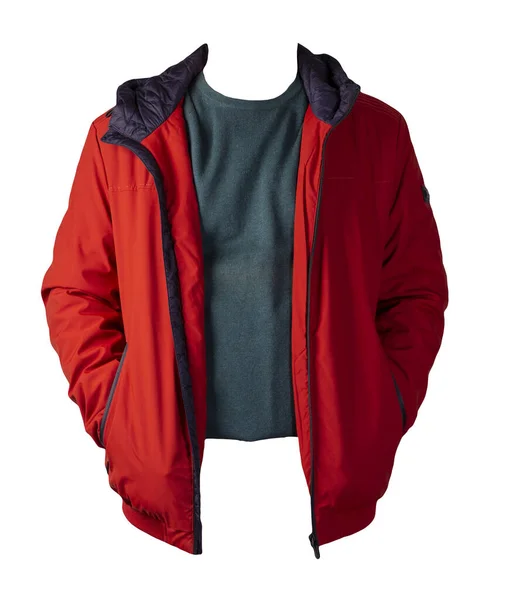 白い背景に隔離された赤いジャケットとターコイズセーター ボローニャジャケットとウールセーター — ストック写真