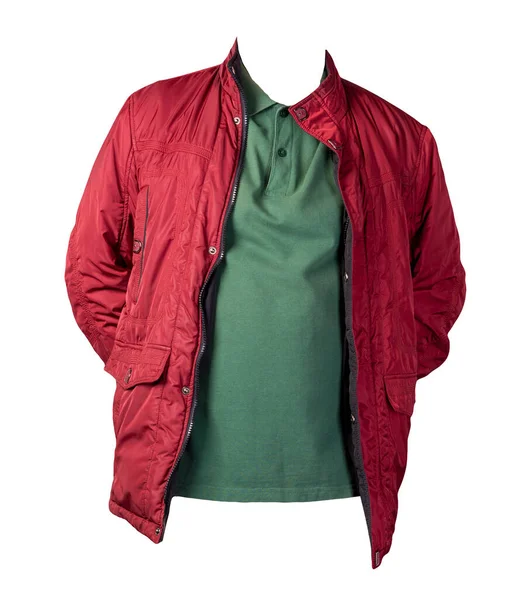 Camiseta Verde Oscuro Los Hombres Chaqueta Roja Aislado Ropa Background — Foto de Stock