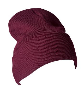 Örülmüş burgudy şapka, beyaz bir arka planda izole edilmiş. Sıradan bir tarz için moda şapka aksesuarı.