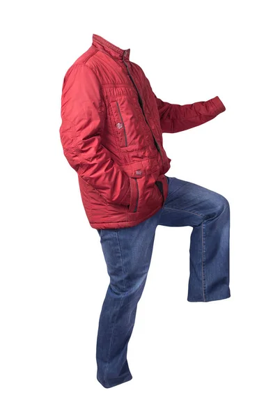 Jaqueta Masculina Vermelha Jeans Azul Isolado Fundo Branco Roupas Casuais — Fotografia de Stock