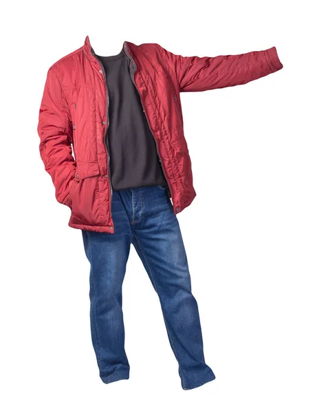 Червона Куртка Чорний Светр Сині Джинси Ізольовані Білому Тлі Повсякденний — стокове фото