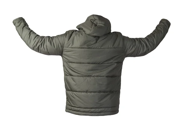 フードの男性用ダークグリーンのジャケットは 白い背景に隔離されています ウインドブレーカージャケット カジュアルスタイル — ストック写真
