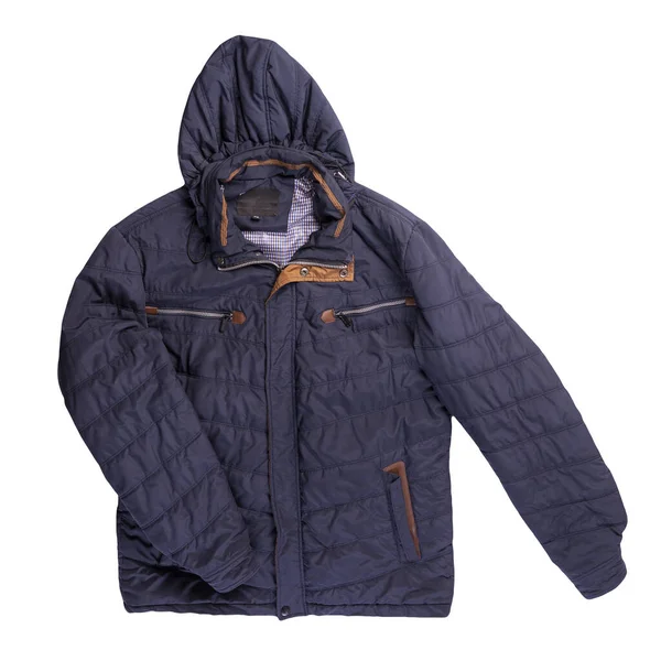 Beyaz arka planda izole edilmiş kapüşonlu koyu mavi ceketli adamlar. Rüzgarlık ceketli üst manzara. Sıradan stil