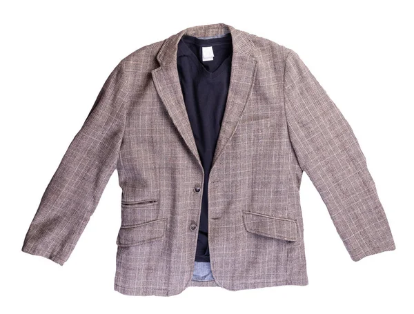 Kahverengi ceketli, düğmeli ve koyu mavi tişörtlü beyaz arka plan manzaralı. Sıradan stil