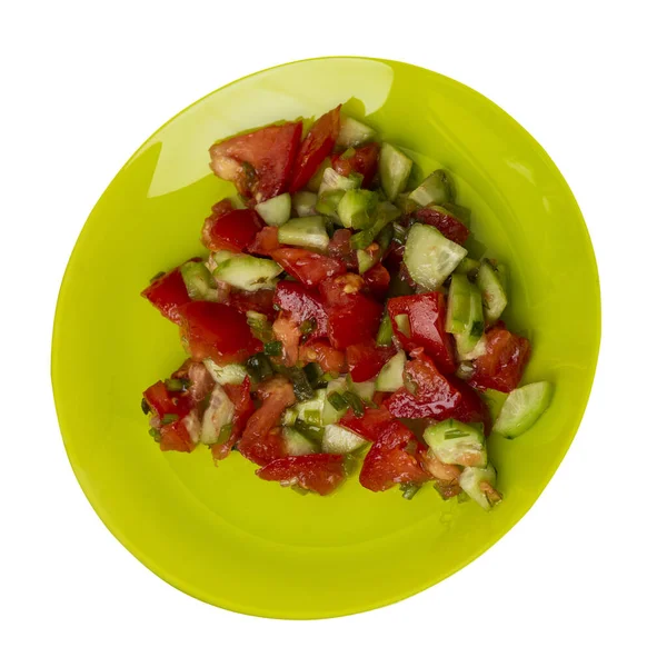 Vegetarian Salad Cucumbers Tomatoes Green Onions Vegan Salad Blue Plate — Stock Photo, Image