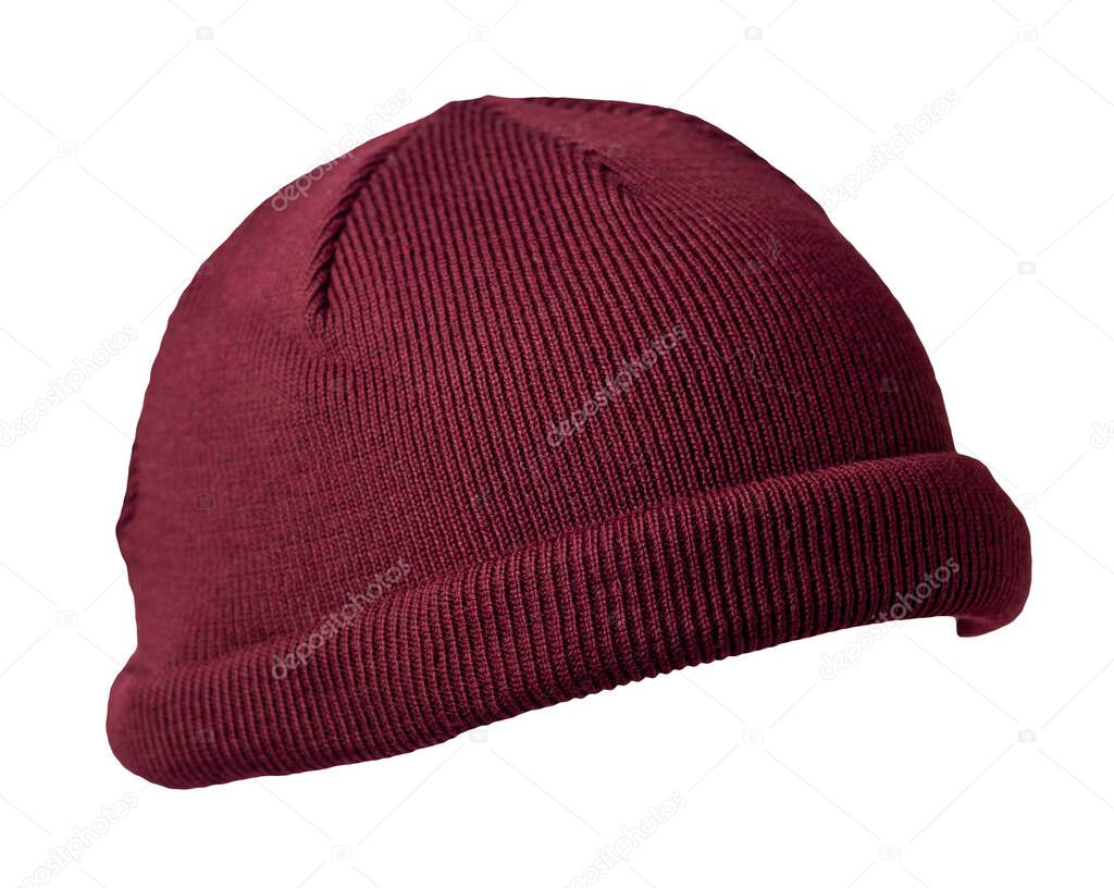 Docker knitted burgundy hat isolated on white background. fashionable rapper hat. hat fisherman