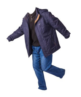 Fermuarlı mavi ceket, siyah kazak ve beyaz arka planda izole edilmiş kot pantolon. Sıradan moda kıyafetleri.