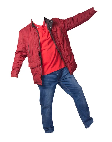 Червона Куртка Помаранчева Сорочка Сині Джинси Ізольовані Білому Тлі Повсякденний — стокове фото