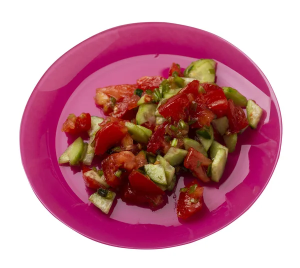 Vegetarische Salade Met Komkommers Tomaten Groene Uien Veganistische Salade Roze — Stockfoto