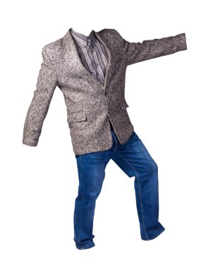 Gri çizgili gömlekli ve beyaz arka planda izole edilmiş mavi kotlu erkek ceketi. Sıradan stil