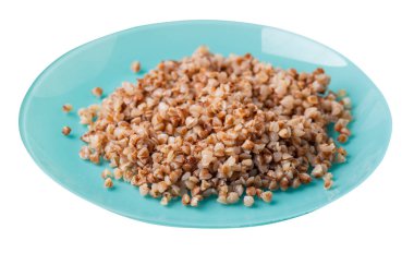 Beyaz arka planda izole edilmiş turkuaz plakalı karabuğday. Karabuğday üst görünümü. Sağlıklı yiyecekler. Verimli yiyecekler