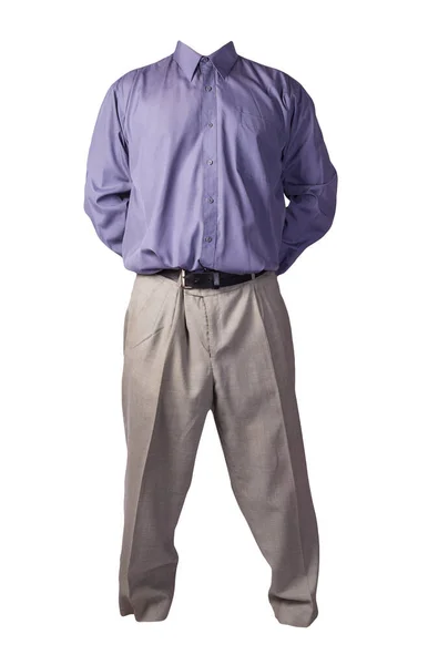 Men Purple Shirt Light Gray Pants Isolated White Background Fashion — Stock Photo, Image